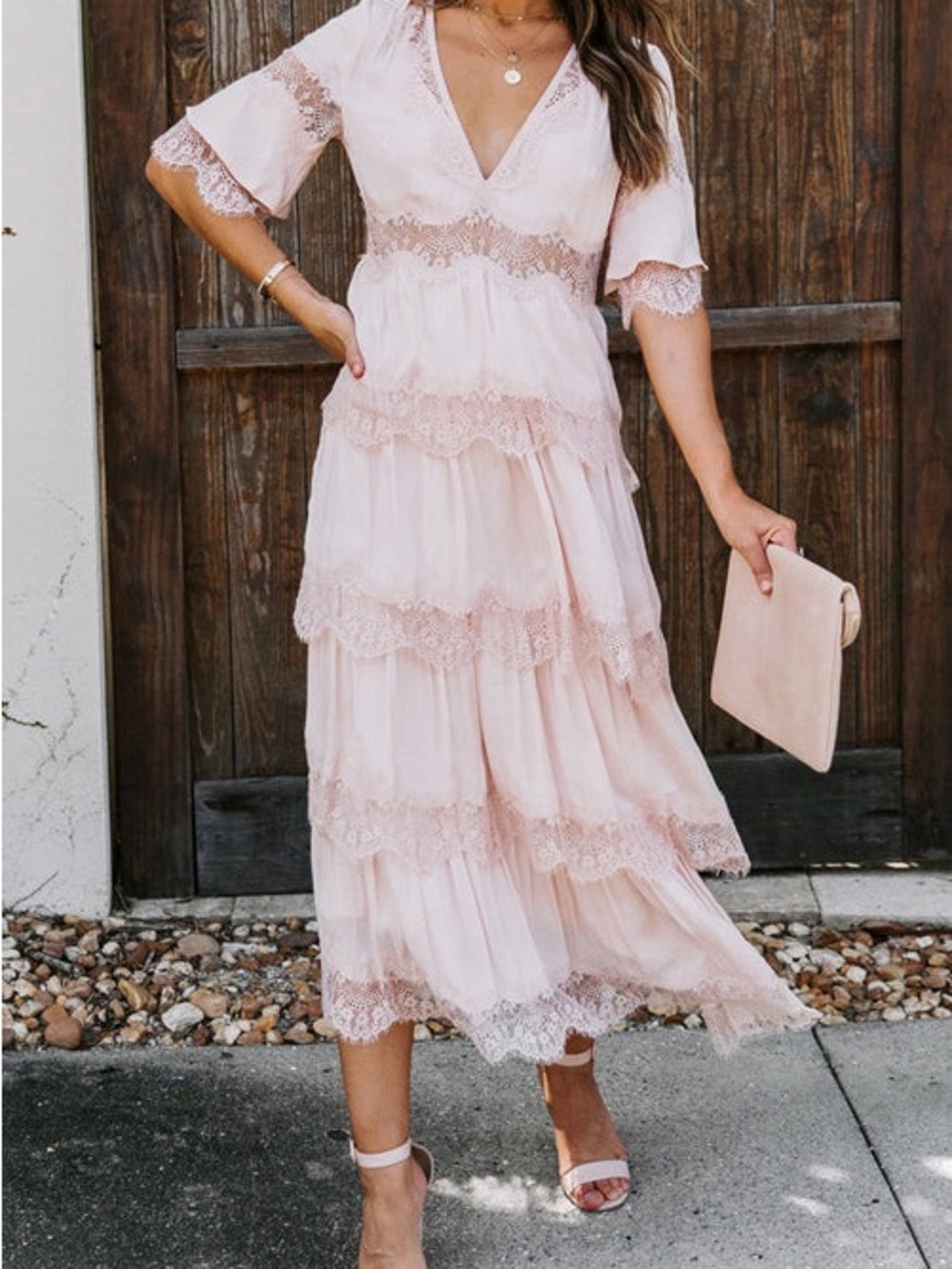 Storia Blush Pink Lace Tiered Midi Dress